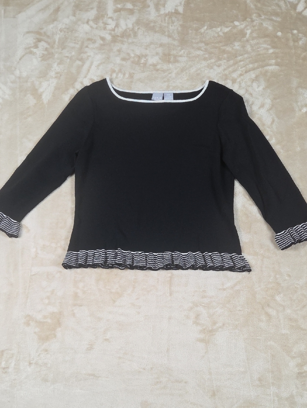 Linq Black Boatneck Long-Sleeve Top with White Trim and Ruffle Hem